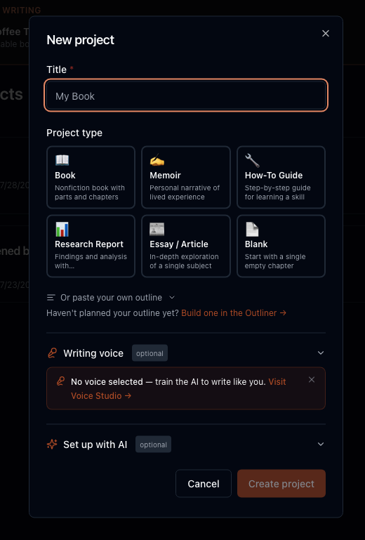 New project dialog with project type selection