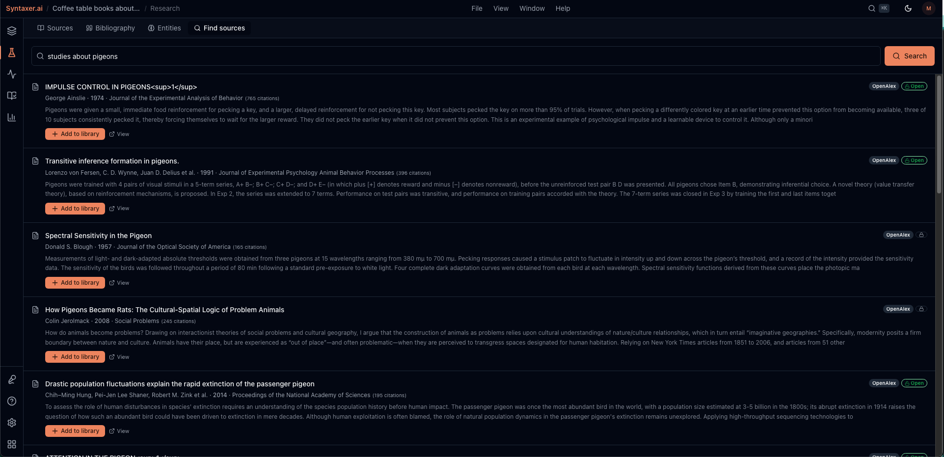 Research paper finder showing academic search results